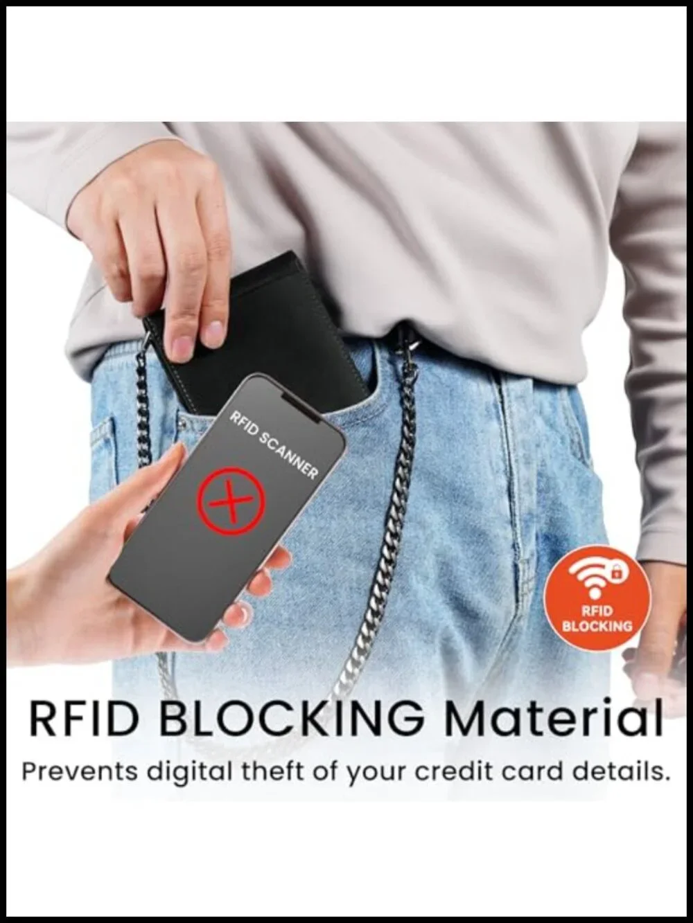 Genuine Leather Bifold Wallet with Chain - RFID Blocking, Holds 12+ Cards